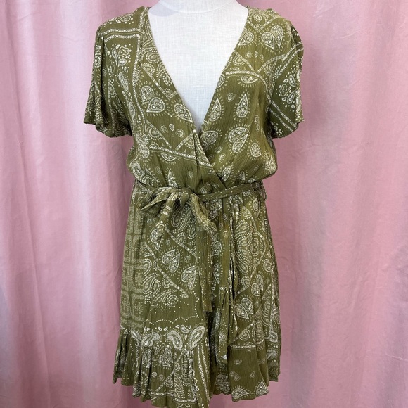 Zara Dresses & Skirts - Zara Olive Paisley Wrap Dress Size Large Boho Festival Style